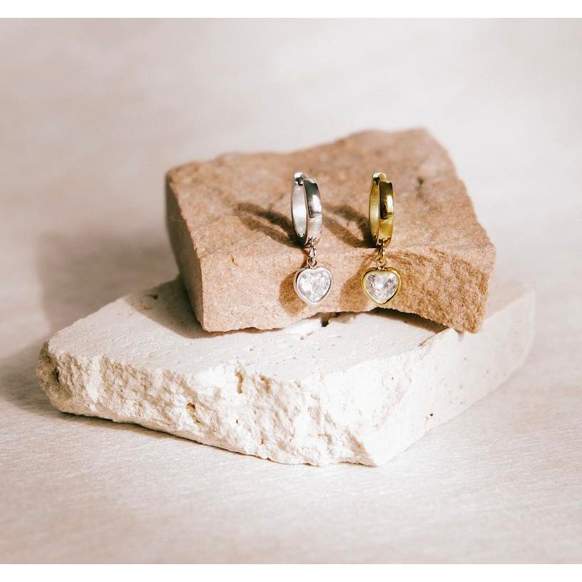 [EARRINGS] Mel Casual Heart Huggies With CZ Charm (Stainless Steel)
